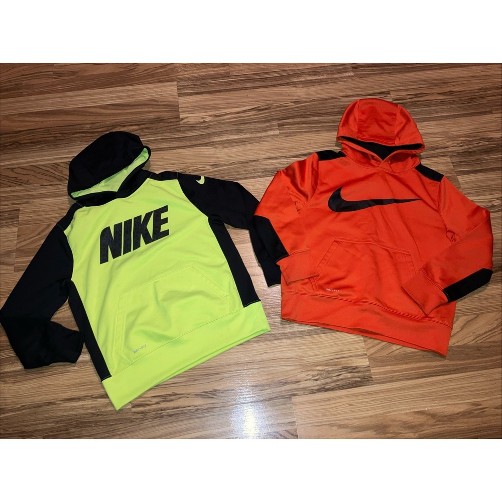 Nike Boys Dri Fit  Size Medium M Hoodie Long Sleeve Shirt Lot Of 2 Orange Green‎
